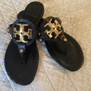 Tory Burch Miller black snakeskin and gold sandals 8.5